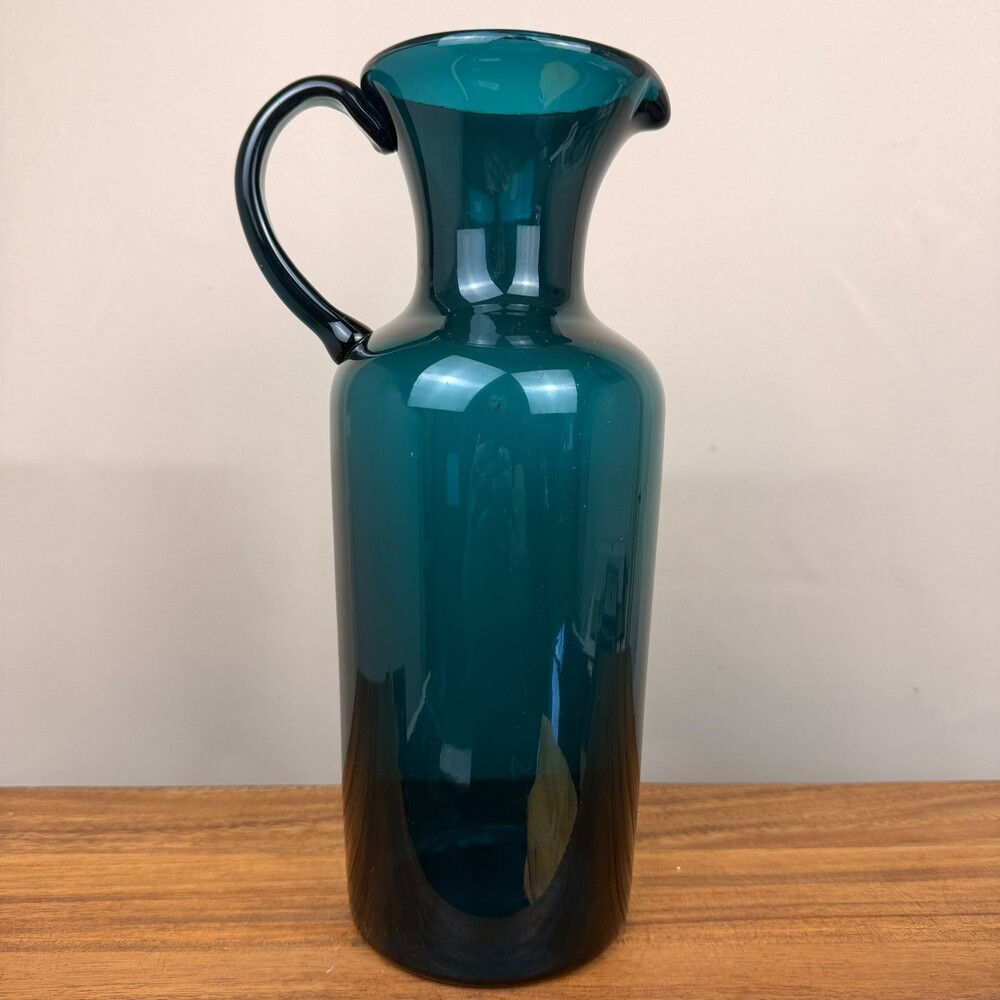 Vintage Teal Green Blown Glass Pitcher Tall Vase Mid Century Art Glass 12.5in